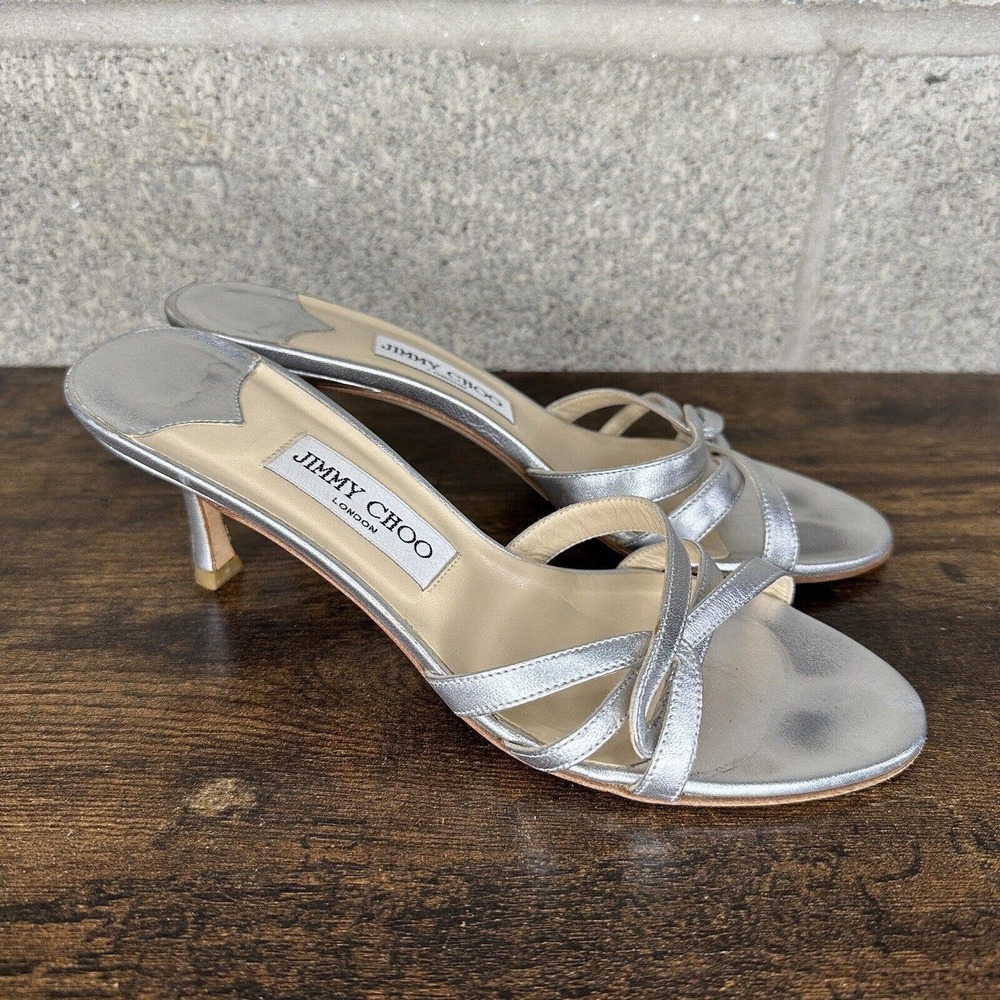 Jimmy Choo Silver Leather Strappy Sandals Heels Shoes US 7.5 EUR 37.5 Slip On